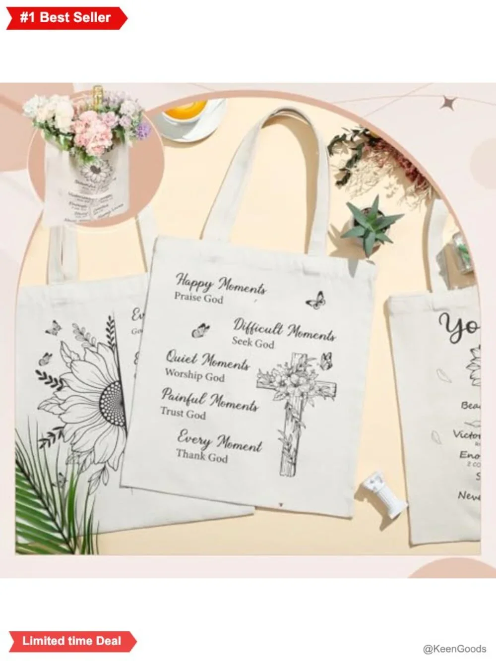 Canvas Christian Tote Bags 6 Pc Floral Bible Verse Reusable Shopping